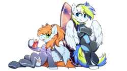 Size: 3887x2159 | Tagged: safe, artist:swaybat, derpibooru import, oc, oc:morning star, oc:rain bow, unofficial characters only, pegasus, pony, derpibooru community collaboration, 2024 community collab, bipedal, bipedal leaning, cable, clothes, cup, diving suit, female, glass, ice cube, image, juice, leaning, looking at each other, looking at someone, male, mare, png, ponytail, simple background, sitting, smiling, smiling at each other, socks, spread wings, stallion, surfboard, swimsuit, thigh socks, transparent background, wings, zettai ryouiki
