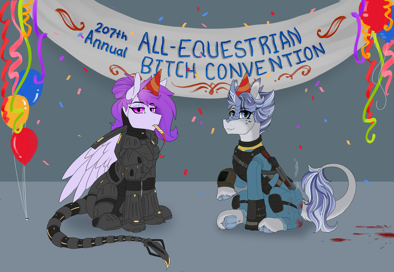 Size: 2900x2009 | Tagged: safe, artist:dusk feather, derpibooru import, oc, oc:aleutian avalanche, oc:winter dawn, unofficial characters only, kirin, pegasus, fallout equestria, armor, balloon, banner, blood, bulletproof vest, clothes, confetti, enclave, enclave armor, gun, hat, image, jumpsuit, kirin oc, knee pads, long tail, multicolored hair, party hat, pegasus oc, pipbuck, png, power armor, shotgun, simple background, smiling, tail, unamused, vault suit, weapon, wings