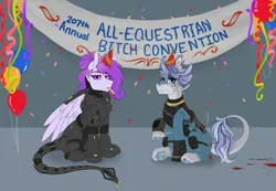 Size: 2900x2009 | Tagged: safe, artist:dusk feather, derpibooru import, oc, oc:aleutian avalanche, oc:winter dawn, unofficial characters only, kirin, pegasus, fallout equestria, armor, balloon, banner, blood, bulletproof vest, clothes, confetti, enclave, enclave armor, gun, hat, image, jumpsuit, kirin oc, knee pads, long tail, multicolored hair, party hat, pegasus oc, pipbuck, png, power armor, shotgun, simple background, smiling, tail, unamused, vault suit, weapon, wings