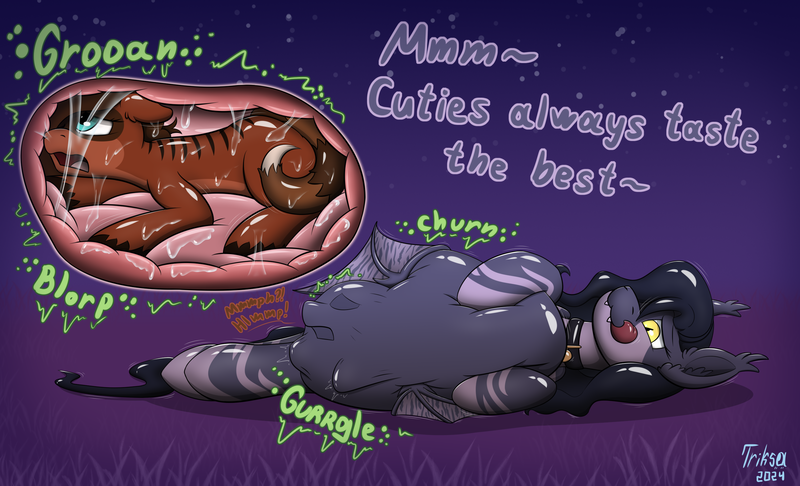 Size: 2778x1689 | Tagged: suggestive, artist:triksa, derpibooru import, oc, unofficial characters only, bat pony, abdominal bulge, belly, bellyrubs, big belly, image, internal, licking, licking lips, lying down, night, on back, png, simple background, slime, stomach noise, struggling, tongue out, unwilling, unwilling prey, vore