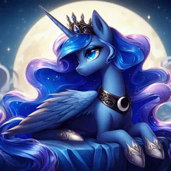 Size: 1024x1024 | Tagged: safe, ai content, derpibooru import, machine learning generated, princess luna, alicorn, pony, clothes, crown, female, full body, full moon, g4, generator:dall-e 3, hoof shoes, image, jewelry, lying down, mare, moon, night, night sky, peytral, png, princess shoes, prompter:montaraz13, prone, regalia, shoes, sky, solo, wrong eye color