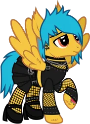 Size: 932x1279 | Tagged: safe, artist:lightningbolt, derpibooru import, ponified, pegasus, pony, .svg available, alex gaskarth, all time low, belt, buckle, chains, cheek fluff, choker, clothes, crossdressing, derpibooru exclusive, dyed mane, dyed tail, ear fluff, ear piercing, earring, fishnets, g4, hair over one eye, high heels, hoof fluff, image, jewelry, leg band, lidded eyes, male, midriff, necklace, piercing, png, raised hoof, shirt, shoes, short shirt, show accurate, simple background, skirt, smiling, solo, spread wings, stallion, standing, tail, tail feathers, tattoo, transparent background, vector, wing fluff, wings