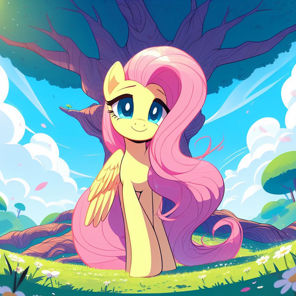 Size: 1024x1024 | Tagged: safe, ai content, derpibooru import, machine learning generated, fluttershy, pegasus, pony, cel shading, cloud, field, front view, g4, generator:dall-e 3, image, long mane, looking at you, png, prompter:montaraz13, relaxed face, shading, sky, smiling, solo, tree