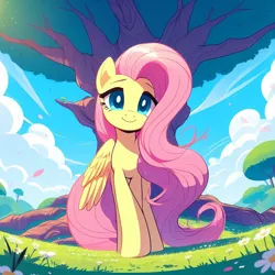 Size: 1024x1024 | Tagged: safe, ai content, derpibooru import, machine learning generated, fluttershy, pegasus, pony, cel shading, cloud, field, front view, g4, generator:dall-e 3, image, long mane, looking at you, png, prompter:montaraz13, relaxed face, shading, sky, smiling, solo, tree