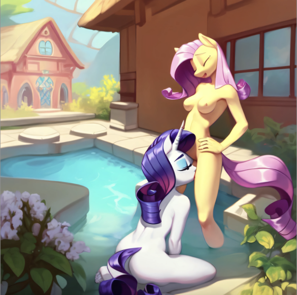 Size: 1412x1404 | Tagged: questionable, ai content, machine learning generated, stable diffusion, fluttershy, rarity, anthro, pegasus, unicorn, aroused, breasts, busty fluttershy, busty rarity, cunnilingus, exhibitionism, eyes closed, female, flarity, hand on hip, image, in love, kneeling, lesbian, lesbian couple, moaning, moaning in pleasure, nudity, oral, outdoor bathing, png, ponyville, seductive pose, sex, sexy, shipping, standing, sunbathing