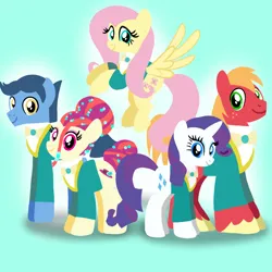 Size: 1400x1400 | Tagged: safe, artist:mlplary6, derpibooru import, big macintosh, fluttershy, rarity, toe-tapper, torch song, earth pony, pegasus, pony, unicorn, clothes, female, flying, image, looking at you, male, mare, png, ponytones, smiling, smiling at you, stallion