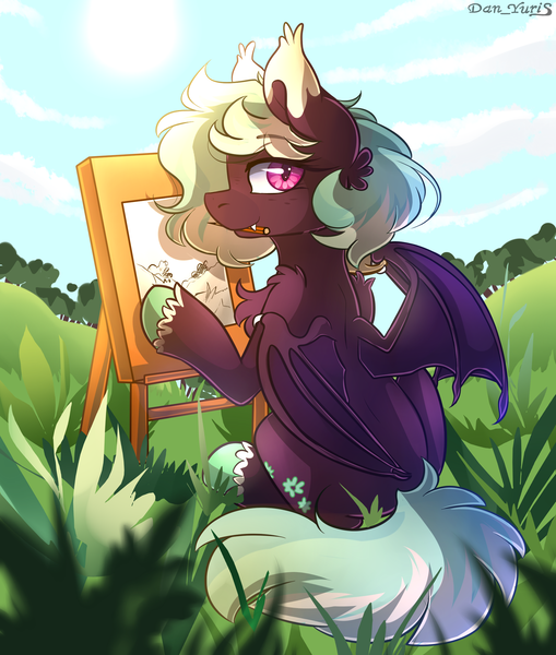 Size: 1981x2335 | Tagged: safe, artist:yuris, derpibooru import, oc, unofficial characters only, bat pony, pony, bat pony oc, bat wings, ears up, easel, field, grass, image, looking at you, looking back, looking back at you, mouth hold, pencil, png, sitting, smiling, solo, trade, wings