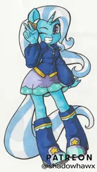 Size: 1182x2097 | Tagged: safe, artist:shadowhawx, derpibooru import, trixie, human, equestria girls, female, g4, horn, horned humanization, humanized, image, one eye closed, png, simple background, solo, traditional art, white background, wink