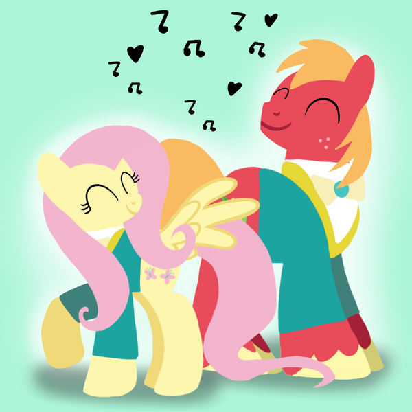Size: 1400x1400 | Tagged: safe, artist:mlplary6, derpibooru import, big macintosh, fluttershy, earth pony, pegasus, pony, clothes, eyes closed, female, fluttermac, image, male, mare, music notes, png, ponytones, shipping, stallion, straight