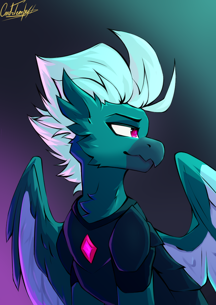 Size: 733x1033 | Tagged: safe, artist:cmdrtempest, derpibooru import, oc, oc:dark skroll, unofficial characters only, hippogriff, bust, crystal, cute, image, looking at each other, looking at someone, png, portrait, signature, simple background, smiling, solo, wings