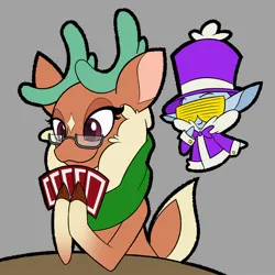 Size: 2500x2500 | Tagged: safe, artist:mrneo, derpibooru import, cap (tfh), cashmere (tfh), deer, reindeer, winter sprite, them's fightin' herds, card, clothes, community related, duo, female, hat, image, jpeg, male, poker, scarf, top hat