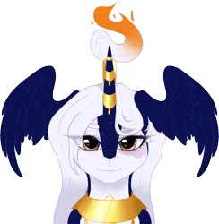 Size: 2852x2926 | Tagged: safe, artist:phreia, derpibooru import, oc, unofficial characters only, deer, original species, bust, female, fire, head wings, image, png, scar, simple background, smiling, solo, transparent background, wings