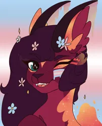 Size: 1736x2147 | Tagged: safe, artist:phreia, derpibooru import, oc, unofficial characters only, deer, original species, bust, fangs, female, flower, flower in hair, image, lgbt, one eye closed, png, pride, smiling, solo, transgender, wink