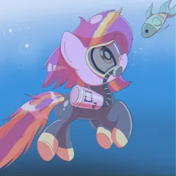 Size: 1500x1500 | Tagged: safe, artist:trackheadtherobopony, derpibooru import, oc, oc:lana shelly, earth pony, fish, bubble, crepuscular rays, fins, fish tail, flowing mane, flowing tail, image, ocean, png, scuba gear, solo, sunlight, swimming, tail, underwater, water