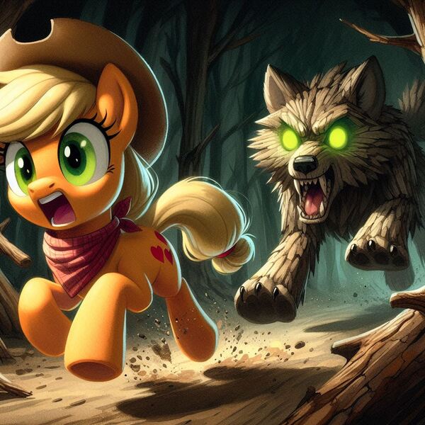 Size: 1024x1024 | Tagged: prompter needed, safe, ai content, derpibooru import, machine learning generated, applejack, earth pony, pony, timber wolf, chase, cowboy hat, dirt, female, forest, g4, generator:dall-e 3, glow, glowing eyes, hat, image, jpeg, mare, nature, neckerchief, open mouth, outdoors, panic, running away, tree, wood