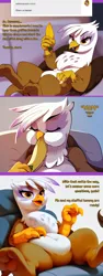 Size: 2000x5296 | Tagged: safe, ai content, artist:rupert, derpibooru import, machine learning generated, stable diffusion, gilda, gryphon, series:ask white belly gilda, absurd resolution, ask, banana, cute, eating, female, food, generator:pony diffusion v6 xl, gildadorable, image, jpeg, pale belly, prompter:rupert, sitting, tumblr, white belly