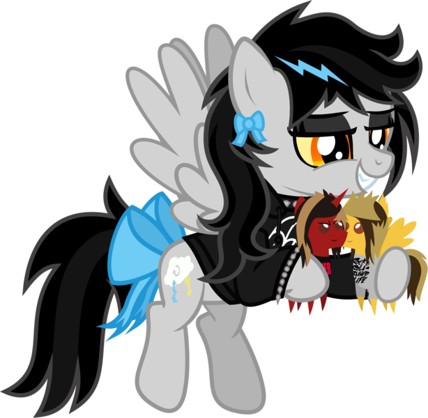 Size: 1313x1283 | Tagged: safe, artist:lightningbolt, derpibooru import, oc, oc:lightning dee, ponified, unofficial characters only, pegasus, pony, unicorn, derpibooru community collaboration, .svg available, 2024 community collab, alex gaskarth, all time low, bow, bracelet, choker, clothes, colored sclera, derpibooru exclusive, dyed mane, eyeliner, eyeshadow, fangs, female, flying, gay, grin, hood, hoodie, hoof hold, image, jack barakat, lidded eyes, makeup, male, mare, now kiss, plushie, png, pointy ponies, shipping, show accurate, smiling, solo, spiked choker, spiked wristband, spread wings, tail, tail bow, vector, wings, wristband