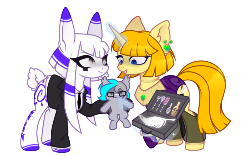 Size: 2338x1516 | Tagged: safe, artist:arina-gremyako, derpibooru import, oc, oc:batilla, oc:pan-path, oc:tippy toes, ponified, unofficial characters only, bat pony, earth pony, hybrid, original species, pony, unicorn, derpibooru community collaboration, 2024 community collab, bat pony oc, bat wings, bottle, briefcase, brush, bunny ears, clothes, commission, dress, duo, ear piercing, earring, evil grin, female, fork, glasses, glow, glowing horn, grin, hairbrush, hand, hoof hold, horn, image, jewelry, magic, magic hands, mare, markings, necklace, necktie, oil, piercing, plushie, png, ponified oc, rabbit pony, raised hoof, regalia, see-through, shirt, simple background, smiling, suit, sweat, sweatdrop, tickling, transparent background, voodoo doll, wings