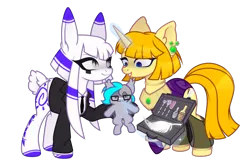 Size: 2338x1516 | Tagged: safe, artist:arina-gremyako, derpibooru import, oc, oc:batilla, oc:pan-path, oc:tippy toes, ponified, unofficial characters only, bat pony, earth pony, hybrid, original species, pony, unicorn, derpibooru community collaboration, 2024 community collab, bat pony oc, bat wings, bottle, briefcase, brush, bunny ears, clothes, commission, dress, duo, ear piercing, earring, evil grin, female, fork, glasses, glow, glowing horn, grin, hairbrush, hand, hoof hold, horn, image, jewelry, magic, magic hands, mare, markings, necklace, necktie, oil, piercing, plushie, png, ponified oc, rabbit pony, raised hoof, regalia, see-through, shirt, simple background, smiling, suit, sweat, sweatdrop, tickling, transparent background, voodoo doll, wings