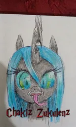 Size: 1080x1800 | Tagged: safe, artist:chakiz zukulenz, derpibooru import, queen chrysalis, changeling, drawing, front view, image, jpeg, photo, solo, traditional art
