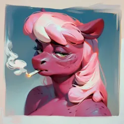 Size: 1024x1024 | Tagged: safe, ai content, derpibooru import, machine learning generated, stable diffusion, cheerilee, anthro, earth pony, bags under eyes, beauty mark, cigarette, female, g4, generator:pony diffusion v6 xl, generator:purplesmart.ai, image, painterly, png, smoking, solo, solo female, wrinkles