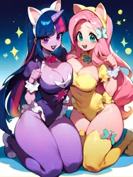 Size: 3072x4096 | Tagged: suggestive, ai content, derpibooru import, machine learning generated, stable diffusion, fluttershy, twilight sparkle, cat, human, adorasexy, animal costume, anime style, big breasts, bowtie, breast squish, breasts, busty fluttershy, busty twilight sparkle, cat costume, cat ears, catgirl, cleavage, clothes, costume, curvy, cute, duo, female, g4, generator:pony diffusion v6 xl, generator:purplesmart.ai, hair ornament, horn, hourglass figure, humanized, image, kneeling, looking at you, png, prompter:lerkyboy, reasonably sized breasts, sexy, socks, stupid sexy fluttershy, stupid sexy twilight, thigh highs, thighs, thunder thighs, wide hips