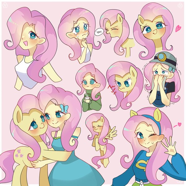 Size: 2048x2048 | Tagged: safe, artist:cerise, derpibooru import, fluttershy, human, pegasus, pony, equestria girls, clothes, crying, dress, flying, hairpin, heart, human and pony, human ponidox, image, jpeg, multeity, one eye closed, pink background, self paradox, self ponidox, simple background, smiling, so much flutter, stare, text, the stare, wink, wondercolts, yay