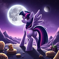 Size: 1024x1024 | Tagged: prompter needed, suggestive, ai content, derpibooru import, machine learning generated, twilight sparkle, twilight sparkle (alicorn), alicorn, pony, butt, disembodied hoof, food, image, jpeg, looking back, moon, mountain, mountain range, pastry, purple sky, solo focus, spread wings, twibutt, two moons, wings, wrong cutie mark