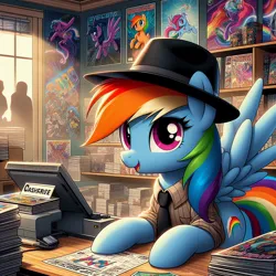 Size: 1024x1024 | Tagged: safe, ai content, derpibooru import, machine learning generated, rainbow dash, pegasus, pony, clothes, comic book, comic shop, comic store, hat, image, jpeg, necktie, poster, shirt, solo, wrong cutie mark