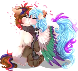Size: 4044x3706 | Tagged: safe, artist:krissstudios, derpibooru import, oc, unofficial characters only, hybrid, pegasus, pony, clothes, colored wings, female, image, kissing, mare, multicolored wings, png, scarf, wings