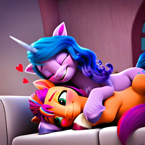 Size: 4096x4096 | Tagged: safe, ai content, derpibooru import, machine learning generated, prompter:catu, stable diffusion, izzy moonbow, sunny starscout, earth pony, pony, unicorn, g5, absurd resolution, adorable face, big smile, blushing, chest fluff, couch, cuddling, cute, daaaaaaaaaaaw, duo, duo female, female, floppy ears, generator:pony diffusion v6 xl, generator:purplesmart.ai, heart, hug, hug from behind, image, izzybetes, lesbian, looking at each other, looking at someone, lying down, mane stripe sunny, mare, peaceful, png, ship:moonscout, shipping, side, sleeping, smiling, sunnybetes, unshorn fetlocks