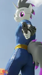 Size: 2160x3840 | Tagged: safe, artist:marianokun, derpibooru import, oc, oc:haze rad, anthro, unicorn, fallout equestria, 3d, advertisement, aiming, anthro oc, blender, clothes, commission, commissioner:biohazard, gun, high res, image, jumpsuit, looking at you, male, pipboy, png, smiling, smiling at you, vault suit, vulgar, weapon