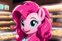 Size: 1024x674 | Tagged: safe, ai content, derpibooru import, generator:playground ai, machine learning generated, pinkie pie, earth pony, accidentally a canon character, bakery, food, happy, image, not pinkie pie, png, smiling, solo