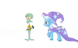 Size: 1920x1200 | Tagged: safe, artist:puzzlshield2, derpibooru import, trixie, pony, 3d, cape, clarinet, clothes, crossover, hat, image, meme, mmd, musical instrument, png, sb-129, spongebob squarepants, squidward tentacles, story included, trixie's cape, trixie's hat, void