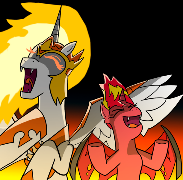 Size: 1216x1195 | Tagged: safe, artist:twi clown, derpibooru import, daybreaker, princess celestia, sunset shimmer, alicorn, demon, pony, unicorn, duo, evil, evil laugh, female, image, laughing, mare, png, sunset satan