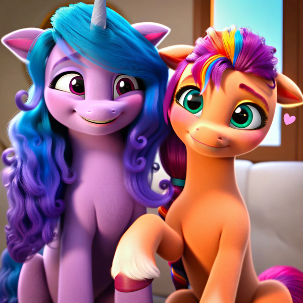 Size: 4096x4096 | Tagged: safe, ai content, derpibooru import, machine learning generated, prompter:catu, stable diffusion, izzy moonbow, sunny starscout, earth pony, pony, unicorn, g5, absurd resolution, adorable face, blushing, cute, daaaaaaaaaaaw, duo, duo female, female, floppy ears, generator:pony diffusion v6 xl, generator:purplesmart.ai, grin, heart, image, implied lesbian, implied moonscout, implied pipp petals, implied shipping, looking at each other, looking at someone, mane stripe sunny, mare, nervous, nervous grin, peaceful, png, raised hoof, raised leg, shy, sitting, smiling, smiling at each other, unshorn fetlocks