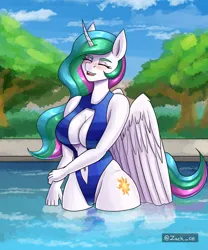 Size: 1500x1800 | Tagged: suggestive, artist:zachc, derpibooru import, princess celestia, alicorn, anthro, breasts, clothes, eyes closed, female, g4, image, one-piece swimsuit, open mouth, open smile, png, smiling, solo, swimming pool, swimsuit