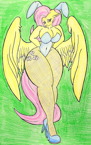 Size: 1280x2035 | Tagged: suggestive, artist:shrimp-sauce, derpibooru import, fluttershy, anthro, big breasts, blushing, breasts, bunny suit, butt, clothes, disproportional anatomy, high heels, huge breasts, huge butt, image, jpeg, large butt, shoes, shy, tiny torso, wasp waist, winged anthro, wings