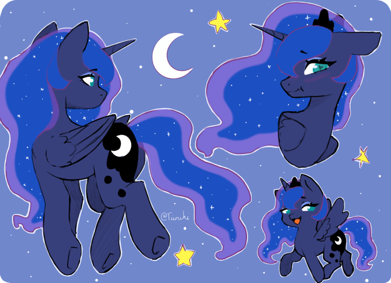 Size: 1684x1219 | Tagged: safe, artist:tiiruki, derpibooru import, princess luna, alicorn, pony, blushing, crescent moon, cute, eyebrows, eyebrows visible through hair, female, folded wings, g4, horn, image, looking at you, lunabetes, mare, moon, open mouth, open smile, png, smiling, smiling at you, solo, spread wings, stars, wings