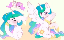 Size: 2336x1463 | Tagged: safe, artist:tiiruki, derpibooru import, princess celestia, alicorn, pony, ><, blushing, cute, cutelestia, eye clipping through hair, eyebrows, eyebrows visible through hair, eyes closed, female, floppy ears, folded wings, g4, hoof shoes, horn, image, looking at you, lying down, mare, peytral, pink-mane celestia, png, princess shoes, prone, raised hoof, sitting, sleeping, smiling, smiling at you, solo, spread wings, wings
