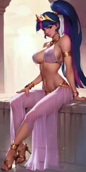 Size: 1024x2048 | Tagged: suggestive, ai content, derpibooru import, machine learning generated, twilight sparkle, human, armband, belly dancer, belly dancer outfit, bracelet, breasts, busty twilight sparkle, clothes, crown, female, g4, harem outfit, high heels, humanized, image, jewelry, looking at you, necklace, png, ponytail, regalia, see-through, shoes, solo, solo female