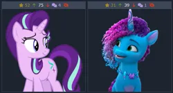 Size: 515x279 | Tagged: safe, artist:andoanimalia, derpibooru import, edit, edited screencap, screencap, starlight glimmer, pony, unicorn, derpibooru, twibooru, g5, my little pony: make your mark, to change a changeling, spoiler:g5, spoiler:my little pony: make your mark, spoiler:my little pony: make your mark chapter 6, spoiler:mymc06e04, background removed, female, g4, image, juxtaposition, juxtaposition win, looking at each other, looking at someone, mare, meme, meta, misty brightdawn, my little pony: make your mark chapter 6, open mouth, open smile, png, rebirth misty, secrets of starlight, smiling