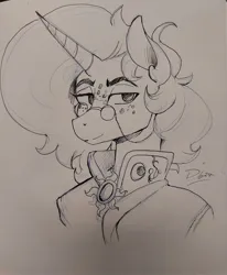Size: 1691x2048 | Tagged: safe, artist:thelunarmoon, derpibooru import, oc, oc:lunar moon, unofficial characters only, anthro, pony, unicorn, bust, clothes, freckles, glasses, grayscale, image, jpeg, lidded eyes, male, monochrome, pencil drawing, smiling, solo, stallion, style emulation, traditional art, uniform