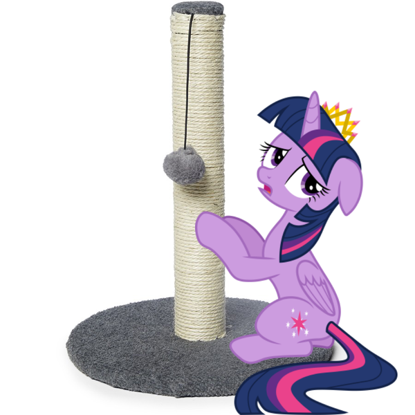 Size: 900x900 | Tagged: safe, artist:cloudy glow, derpibooru import, edit, twilight sparkle, twilight sparkle (alicorn), alicorn, pony, behaving like a cat, crown, female, floppy ears, g4, image, jewelry, mare, png, regalia, sad, scratching post, simple background, solo, twilight cat, vector, white background, you'll play your part