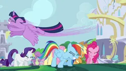 Size: 1280x720 | Tagged: safe, derpibooru import, screencap, applejack, fluttershy, pinkie pie, rainbow dash, rarity, spike, twilight sparkle, twilight sparkle (alicorn), alicorn, pony, princess twilight sparkle (episode), ducking, flying, image, mane seven, mane six, png