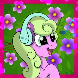 Size: 2200x2200 | Tagged: safe, artist:grimthreshold, derpibooru import, daisy, flower wishes, pony, bush, bust, female, flower, happy, headphones, image, music notes, png, portrait, smiling, solo, solo female
