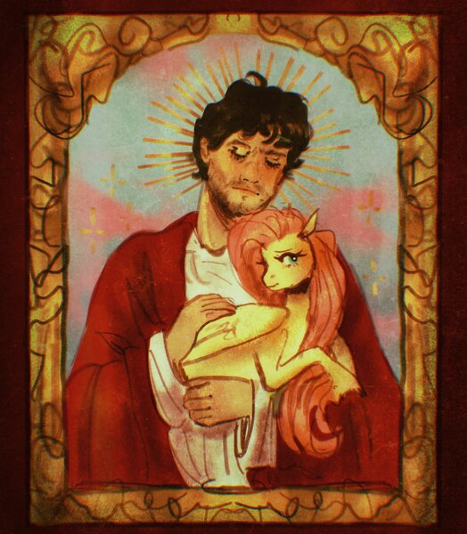 Size: 3491x4000 | Tagged: safe, artist:swollenbabyfat, derpibooru import, fluttershy, human, pegasus, pony, crossover, duo, duo male and female, eyes closed, female, hannibal (tv series), high res, holding a pony, image, jesus christ, jpeg, male, mare, will graham