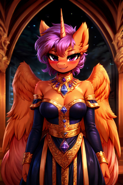 Size: 768x1152 | Tagged: safe, ai content, derpibooru import, machine learning generated, stable diffusion, majesty, scootaloo, alicorn, anthro, alicornified, bedroom eyes, blushing, breasts, cleavage, clothes, dress, ear fluff, female, g4, generator:easyfluff v11.2, horn, image, indoors, jewelry, jpeg, looking at you, majestic, necklace, older, older scootaloo, palace, prompter:endless--, race swap, royalty, scootacorn, sexy, smiling, smiling at you, solo, spread wings, standing, wings