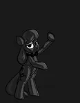 Size: 2550x3300 | Tagged: safe, alternate version, artist:belaboy, edit, editor:anonymous, octavia melody, earth pony, pony, /mlp/ latex requests, bipedal, bondage, bow, bowtie, dark, encasement, gray background, grayscale, hood, hoof hold, image, latex, latex suit, leaning, lidded eyes, monochrome, png, seams, simple background, solo, template