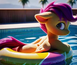Size: 1024x864 | Tagged: prompter needed, safe, ai content, derpibooru import, machine learning generated, scootaloo, pegasus, pony, female, filly, foal, g4, image, inner tube, looking at you, looking back, looking back at you, png, pool toy, solo, swimming pool